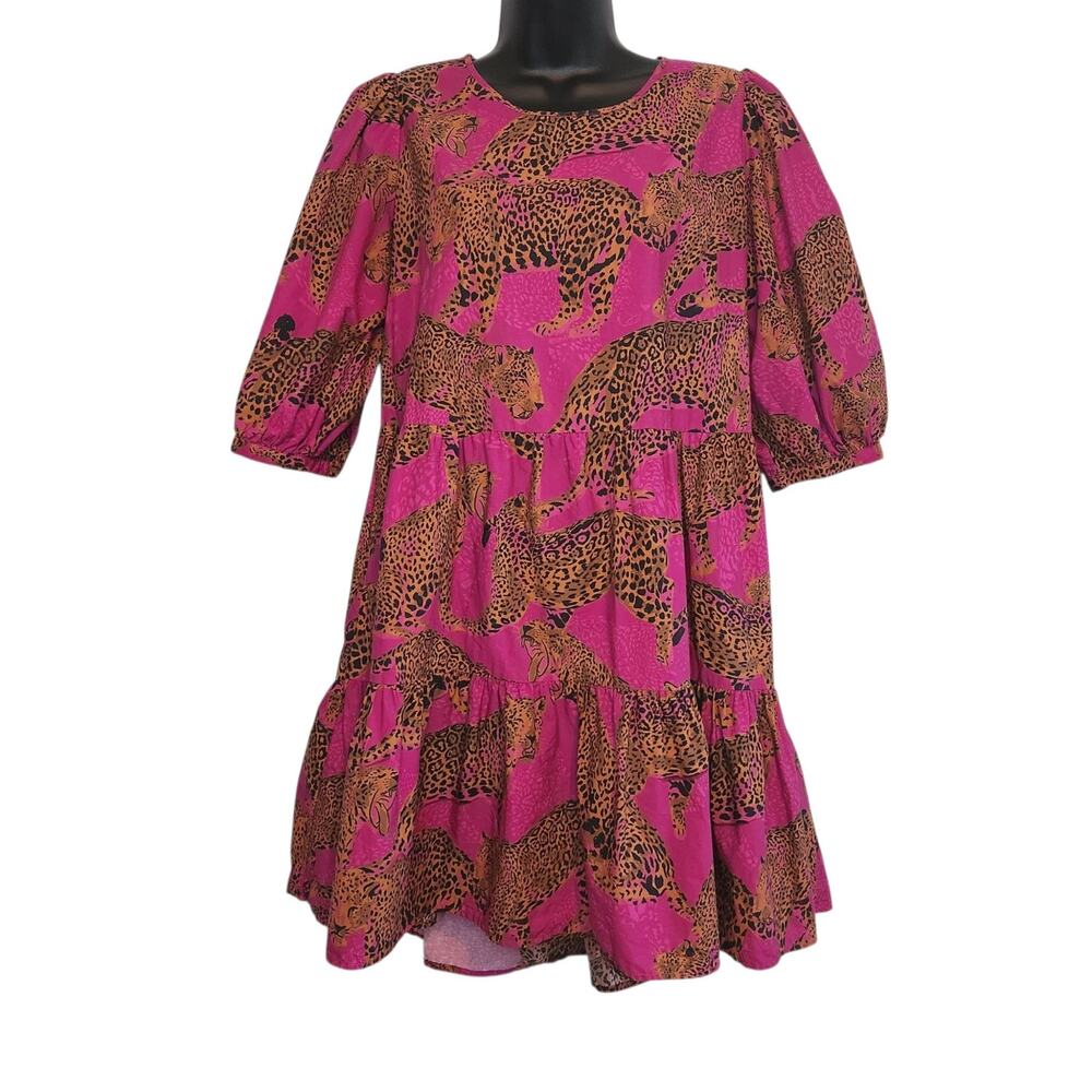 Farm Rio pink leopards mini dress babydoll tiered puff sleeves size L